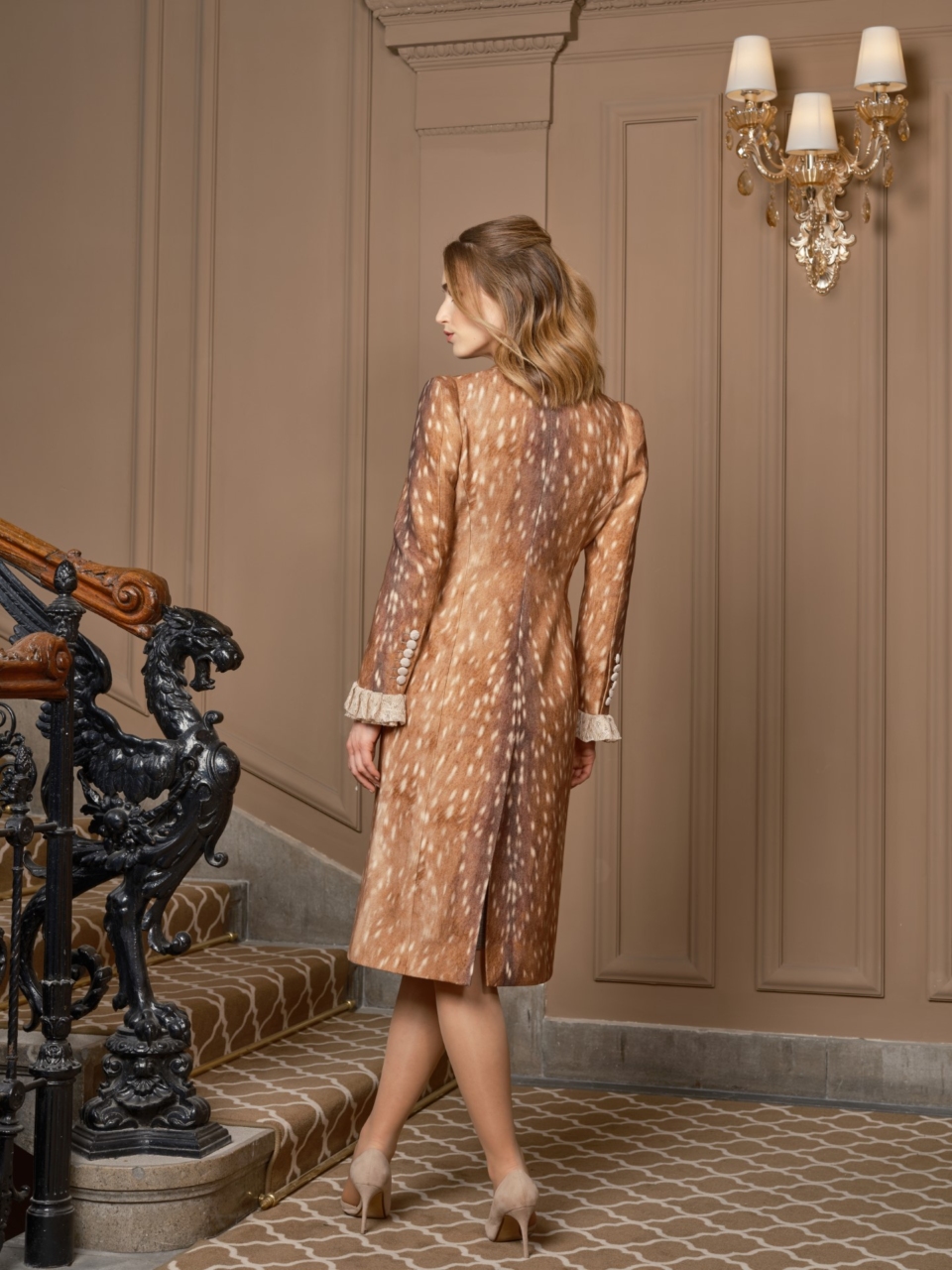 canissi iconic double breasted couture coat deer printed