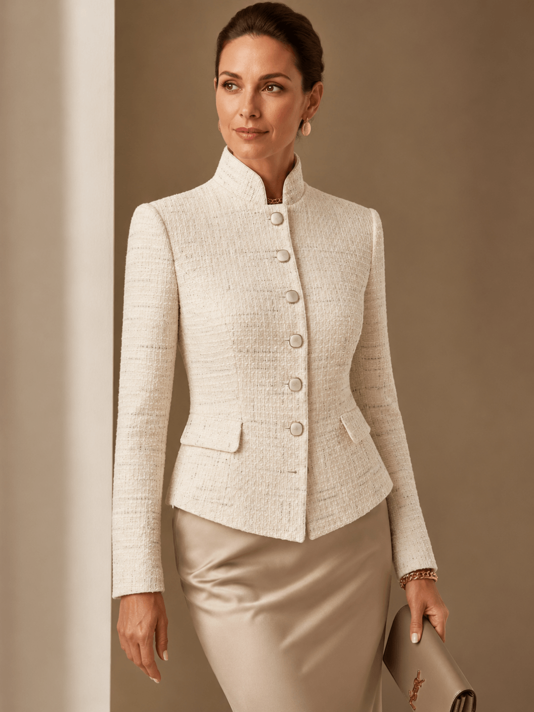 Mona állógalléros tweed blézer - fehér
