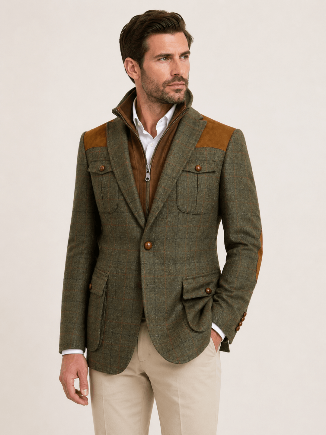 Edward Harris tweed zakó - zöld kockás, barna alcantarával