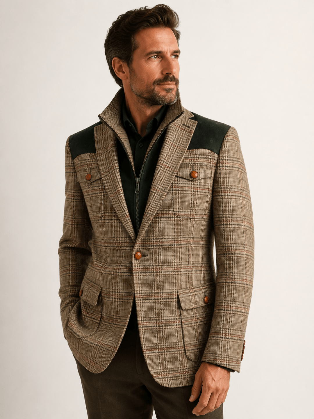 Edward Harris tweed zakó - bézs kockás, zöld alcantarával