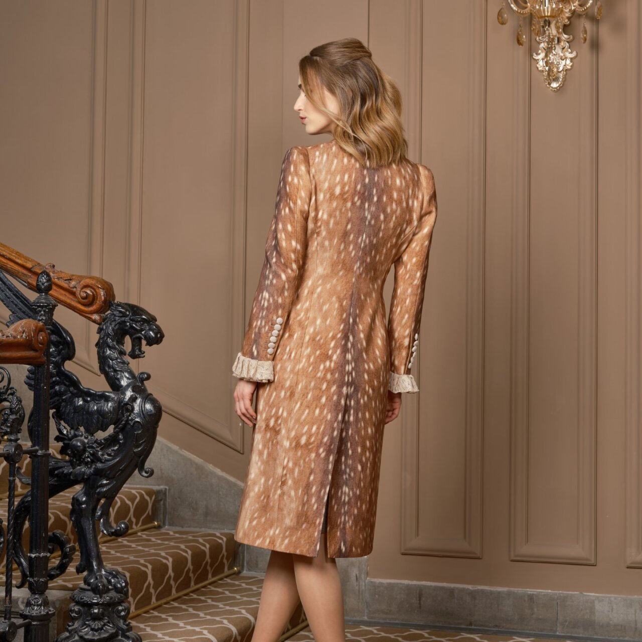 canissi iconic double breasted couture coat deer printed
